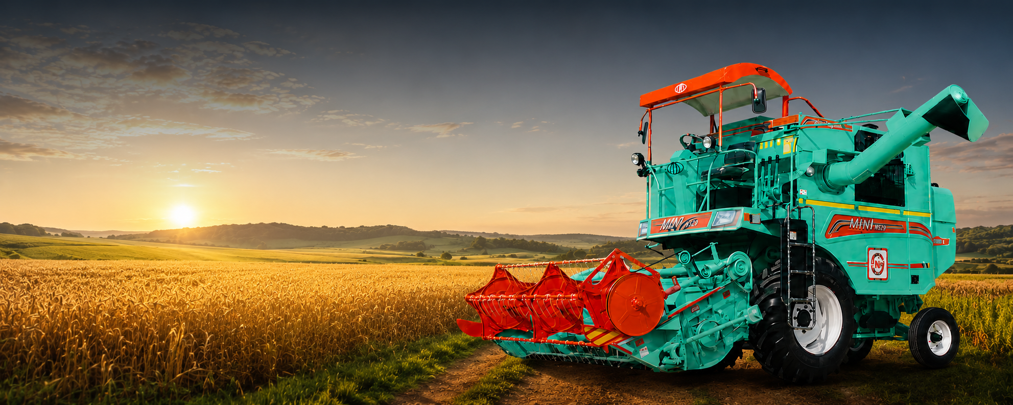 NS Combine Mini NS29 harvesting a wheat field at sunrise
